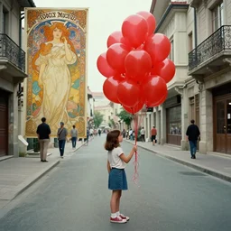 wide angle street scene shot todd solondz a young girl holds a bunch of 9 9 red balloons, impressionistic, todd solondz, alphonse mucha, rhads, rebecca guay, artstation, artgerm, octane render,