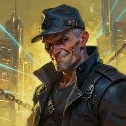 an intimate portrait of a gnarly human cyberpunk captain, old skin, faded hat, charming, strong leader, reflective, a look of cunning, big smile, detailed matte fantasy painting, golden cityscape, lasers, chains, sparks, yellow and blue and cyan