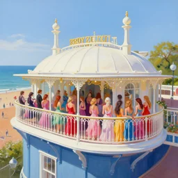 fancy dress party, brighton vibes, royal high roof, highly detailed painting extremely beautiful and aesthetic and detailed, with familiar sprites, chiaroscuro, intricate, masterpiece, fantasy illustrations by ilya kuvshinov and jeremy lipking and quentin mabille