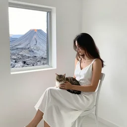 a woman in a white dress sitting on chair with a cat on her lap in a white room in vanice, there is a window to lava