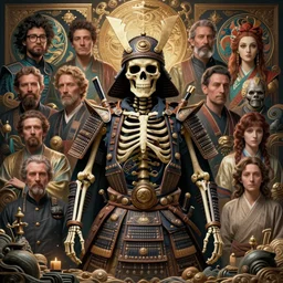 highly detailed surreal vfx portrait of a sacred skeleton samurai, stephen bliss, unreal engine, greg rutkowski, loish, rhads, beeple, makoto shinkai and lois van baarle, ilya kuvshinov, rossdraws, tom bagshaw, alphonse mucha, global illumination, detailed and intricate environment