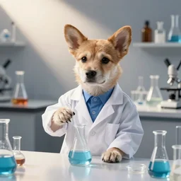 cute dog in a lab coat, mixing chemicals,lab background, digital art