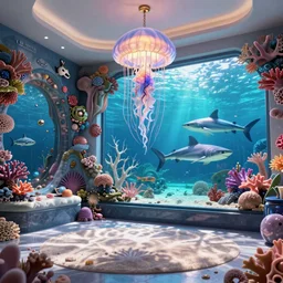 photo of the modern fashionable room as aquarium with a chandelier as a big jellyfish, beautiful corals on the walls and dangerous sharks on the big panoramic window, a lot of gleans, under the ocean, realistic colors, realistic shadows, daylight made in blender and cinema 4 d, hd, 3 d by beeple and by greg rutkowski