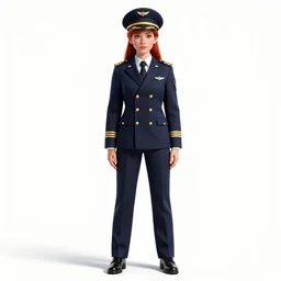 red-haired pilot in uniform, detailed 3d character render, full body, standing, isolated on a pure white background, centered, whole figure in frame, sharp focus, studio lighting