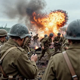 a rare 1 9 4 4 close - up photograph of soldiers on the battlefield, ww 2, graphic, explosions, bloody,, dirty, grainy