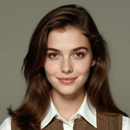 “ beautiful brown hair model close up wearing shirt and skirt, soft smile, 1 9 6 0 ’ s fashion, 1 5 0 mm f 2. 8, face shot, hasselblad, photo by brian ingram, david lazar, lisa kristine, steve mccurry, high quality, symmetrical face, clear skin, 4 k, studio and dramatic lighting ”