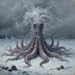 oil painting of a distant giant mass of tentacles emerging out of the snowstorm