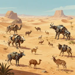 Highly Detailed digital illustration about the beauty of nature in a desertpunk world where all animals have been replaced by mechanical beasts. Trending on Artstation
