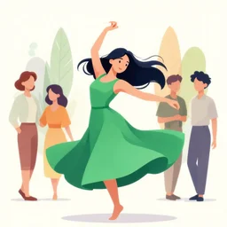 young woman in green dress dancing, flowing black hair, beautiful faces, colorful, excelent composition, wide shot, clean cel shaded vector art, shutterstock, behance hd by lois van baarle, artgerm, helen huang, by makoto shinkai and ilya kuvshinov, rossdraws, illustration