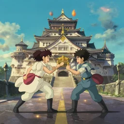 fight scene road near castles, center camera composition, 2 5 mm, bokeh, by studio ghibli, volumetric lighting, movie action scene, 8 k, lumen reflections, sharpened, insanely detailed and intricate, elegant, ornate