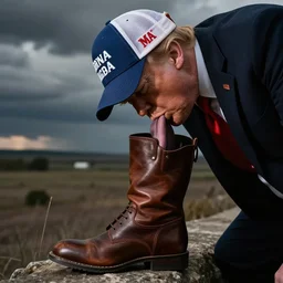 a trump supporter with a MAGA cap licking a leather boot