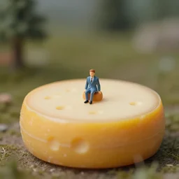 a tiny ed - 2 0 9 figurine sitting on top of a cheese wheel, a tilt shift photo by william harnett, featured on unsplash, academic art, shallow depth of field, tilt shift, storybook illustration, macro lens, macro photo sigma 1 0 5 mm f 2. 8 award winning photography,