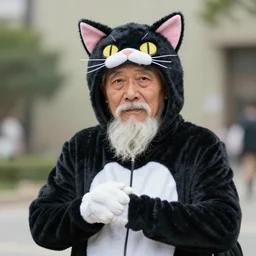 an old man wear a cat costum, cosplay