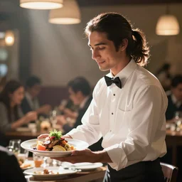 attractive male waiter ( with very long dark hair tied in a ponytail ) delivering a plate of delicious food in a busy restaurant, wholesome portrait, blurry background, bloom, dramatic lighting, in the style of studio ghibli, j. c. leyendecker, greg rutkowski, artgerm