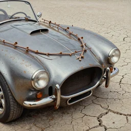extreme closeup of rusty shelby cobra, vine covered, closeup, desert, cracked dry lake bed, by Zdzislaw Beksinski, Norman Rockwell, al duke, Valter de Morais, highly detailed, soft lighting, film grain, Portra 160, 8k resolution, hd, oil on canvas