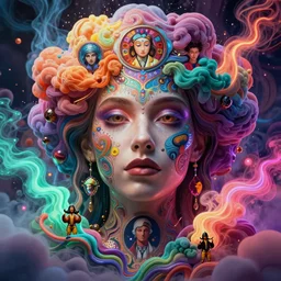 a gorgeous woman surrounded by colorful liquid clouds and neon smoke, extremely detailed, in a psychedelic experience, psilocybin, dmt, lsd, face, highly detailed, artstation, alphonse mucha, hana yata, and artem demura and beeple, octane render, unreal engine, 8 k