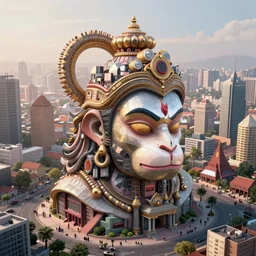 high quality 3 d cyberpunk biomorphic hanuman! head building in the middle of mumbai!!, kalighat highly detailed, cinematic smooth, stephen shore & john j. park, soft morning light, wide shot, high angle, uhd 8 k, sharp focus