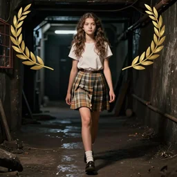 color video footage, a girl walking in the dark basement,