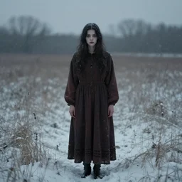 dream. girl standing in a field. soft lighting. folk horror. snow.