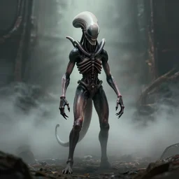 centered photorealistic antropomorphic xenomorph inspired by Giger, sinister background, octane render, unreal engine 4k, volumetric light, fog, wide shot, detailed