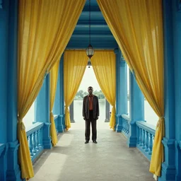 movie still by djibril diop mambety of a blue neoclassical corridor with yellow drapery finishing on a lake, cinestill 8 0 0 t 3 5 mm, heavy grain, high quality, high detail, isometric view