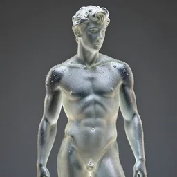 a statue of a young fit man made of transparent glass, by philippe starck and victoria hagan, cinematic lighting, soft internal light, gradient from white to silver, covered in water drops, iridescent reflections, detailed digital photography by rutkovski and beksinski, masterpiece, gorgeous, 4 k
