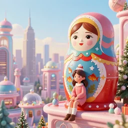 a matryoshka sitting on a cozy ledge above a futuristic new york city below, pastel colors, nicoletta ceccoli, mark ryden, lostfish, max fleischer, depth of field, detailed and intricate environment, golden hour, 8 k resolution, hyperrealistic, octane render, vivid colors, bright, cheerful, detailed and intricate christmas environment