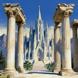 landscape, large ancient giant colums, gothic architecture, giant church of the gods!, mountains, sharp focus, smooth, clean, in the style of david bomberg
