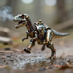 action photography, award winning macro photo of an ultra ultra detailed intricate steampunk robotic smoking dino running very very fast in a puddle, fast shutter speed, motion blur, tiny gaussian blur, highly definition, depth of field