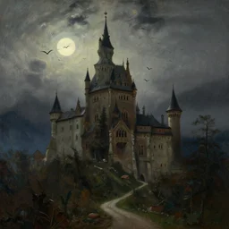 The murky castle of Dracula in the majestic epic Transylvanian Alps, dark cloudy night sky pale moonlight with flocks of bats flying above the castle, a windy path leading up to the castle, oil painting by Albert Bierstadt