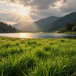 Lake, detailed, concept art, low angle, high detail, warm lighting, volumetric, godrays, vivid, beautiful, trending on artstation, by Jordan grimmer, huge scene, grass, art greg rutkowski