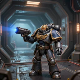 screenshot of Portal, showing a Warhammer 40k soldier holding a portal gun