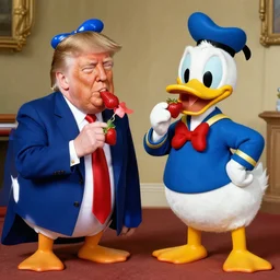 donald trump eating stawberries next to the fictional character donald duck, in the style of rembrandt
