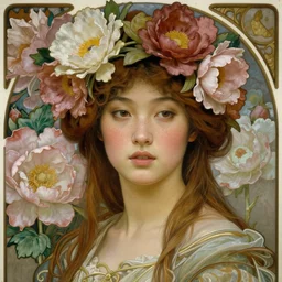 Pre-raphaelite painting of a beautiful asian girl with freckles, wearing a flower headpiece, surrounded by big flowers, porcelain skin, cinematic lighting, photo realistic, highly detailed, maya, digital painting, artstation, concept art, sharp focus, illustration, by Mucha