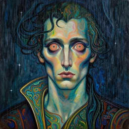 8 0 s art deco close up portait of a man with spiral eyes, rain like a dream oil painting curvalinear clothing cinematic dramatic cyberpunk textural fluid lines otherworldly vaporwave interesting dmt and lsd visuals wiith epic fantasy details lut epic composition by basquiat zdzisław beksinski james jean artgerm rutkowski moebius francis bacon gustav klimt