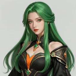 aristocrat, green black orange color palette, female, d & d, fantasy, intricate, elegant, highly detailed, long green hair, digital painting, artstation, octane render, concept art, matte, sharp focus, illustration, hearthstone, art by artgerm, alphonse mucha johannes voss