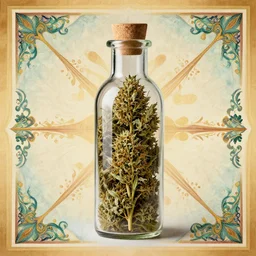 vertical bottle with weed inside covered in gift lent symmetric art