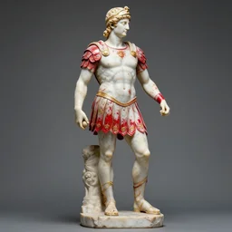 polished marble gladiator in armour marble statue, covered in red color paint splashes, partially gold plated, ultra - detailed flash studio photograph, academic art