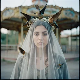 a closeup portrait of a woman wearing a veil made of birds, in an abandoned theme park, by omar z. robles, canon eos c 3 0 0, ƒ 1. 8, 3 5 mm, 8 k, medium - format print