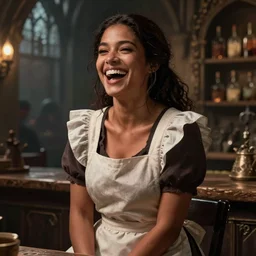 female tavern maid, laughing, dark hair, tanned, beautiful, stunning, detailled, by luis royo, by pixar, by myazaki, game of thrones, gothic, final fantasy, fantasy, medieval