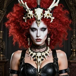 a single fierce looking beautiful young woman with red afro hair and symmetrical white makeup, bound in black leather straps, wearing intricate necklace and headdress made from white bones and black leather, hyperdetailed illustration by irakli nadar and alexandre ferra, intricate linework, in the style of a national geographic portrait, unreal engine 5 highly rendered, global illumination, radiant light, detailed and intricate environment