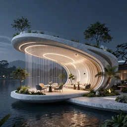 sustainable floating architecture, curve, beautiful landscape, night view, flurry, 8 k, with furniture, octan render, unreal 5
