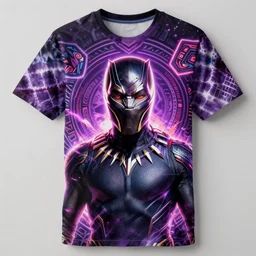 a t shirt all over print, portrait of marvels black panther, native tribal trippy background, purple neon glow, tie dye, one piece art style, cartoon, anime, digital art