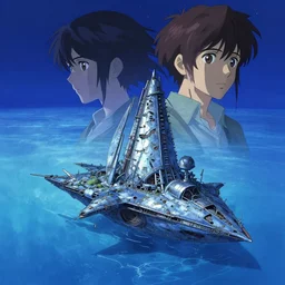 a wrecked spelljammer at the bottom of the ocean where all the water has dried up leaving only an endless cerulean desert beneath a starless sky, kyoto animation still, intricately detailed features, digital painting, makoto shinkai, painted by ilya kuvshinov and katsura masakazu and alphonse mucha and satoshi