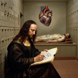 a wider shot of the morgue. leonardo da vinci, in his late 3 0 ’ s, sits alone. he has parchment and a pen, and is sketching the human heart. in the background – past the heart – we see its occupant, a corpse, artstation, painting