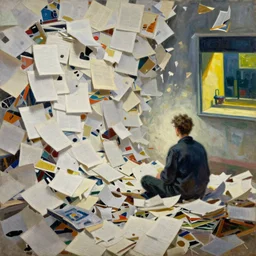 one man sitting in a huge pile of papers, painting by shaun tan, detailed, intricate, torn paper decollage, oil on canvas by edward hopper, ( by mattias adolfsson ), by moebius