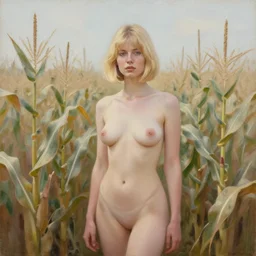 a portrait of a posed petite blonde woman in a cornfield, bob cut, great body, oil painting, pale colors, high detail, 8 k, wide angle, trending on artstation,
