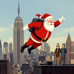 Jetpack Santa flying past the empire state building greg rutkowski giorgio de chirico john currin clarence holbrook carter mark ryden simon stalenhag