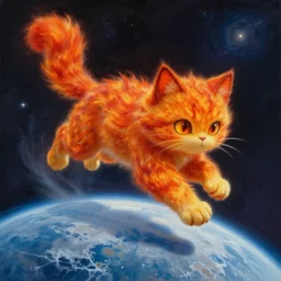 a giant fire kitty jumping over frozen planet in a space, trending on artstation, cinematic composition, beautiful lighting, hyper detailed, 8 k, oil on canvas