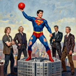 ripped physique Portrait tom cruise wearing a superman costume whilst hurling a red orb standing atop a skyscraper lucian freud odd nerdrum john hoyland greg rutkowski chris cold andrew wyeth niel welliver peter doig robert rauschenberg mark ryden